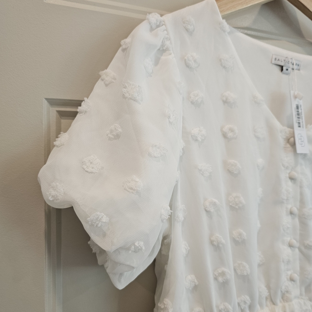 Baltic Born Mila White Swiss Dot Puff Short Sleeve Lined Dress M - Picture 5 of 12